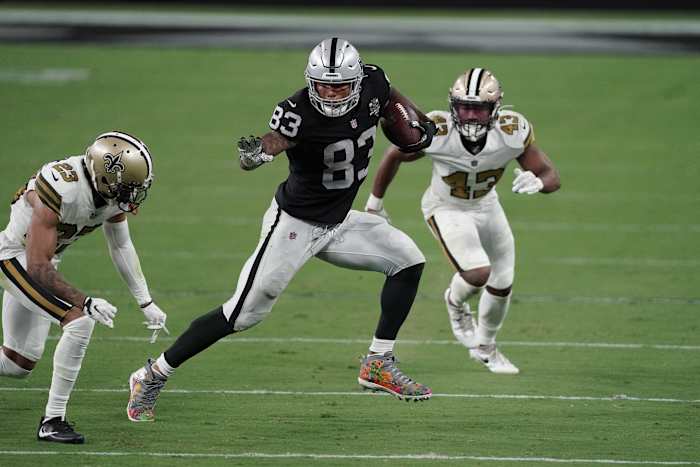 Sep 21, 2020; Las Vegas Raiders tight end Darren Waller (83) after a catch against the New Orleans Saints. Mandatory Credit: Kirby Lee-USA TODAY Sports